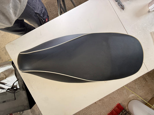 Vespa GTS Seat Black with White Piping - New, Genuine Piaggio - Part 1B007155000C1